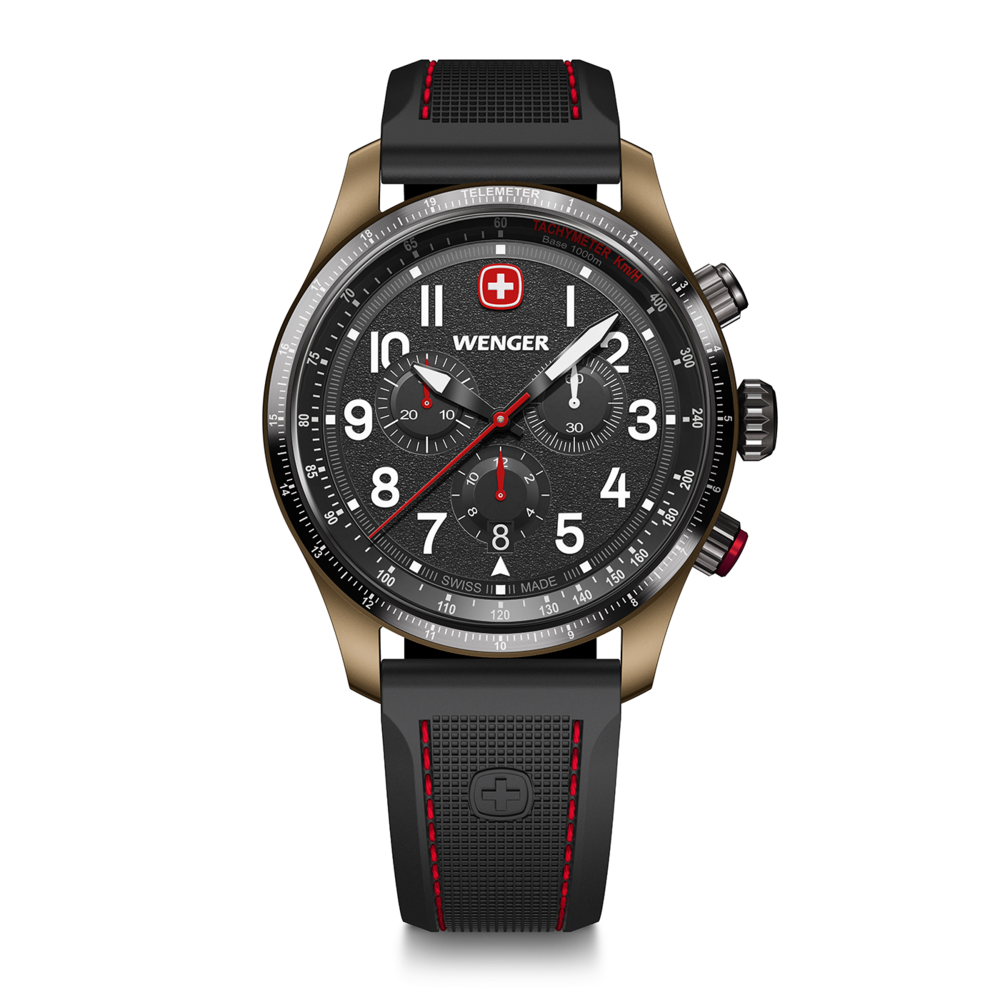 Wenger watch, black, gold, red accents, Swiss made, chronograph, stylish