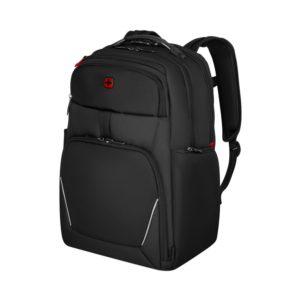 Black backpack with red cross and white stripes on a black background.