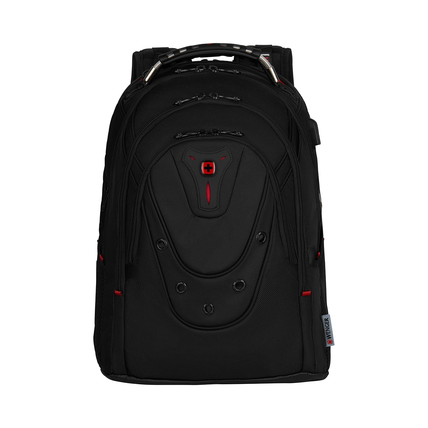 Black backpack with red accents and a Swiss cross logo by Wenger.