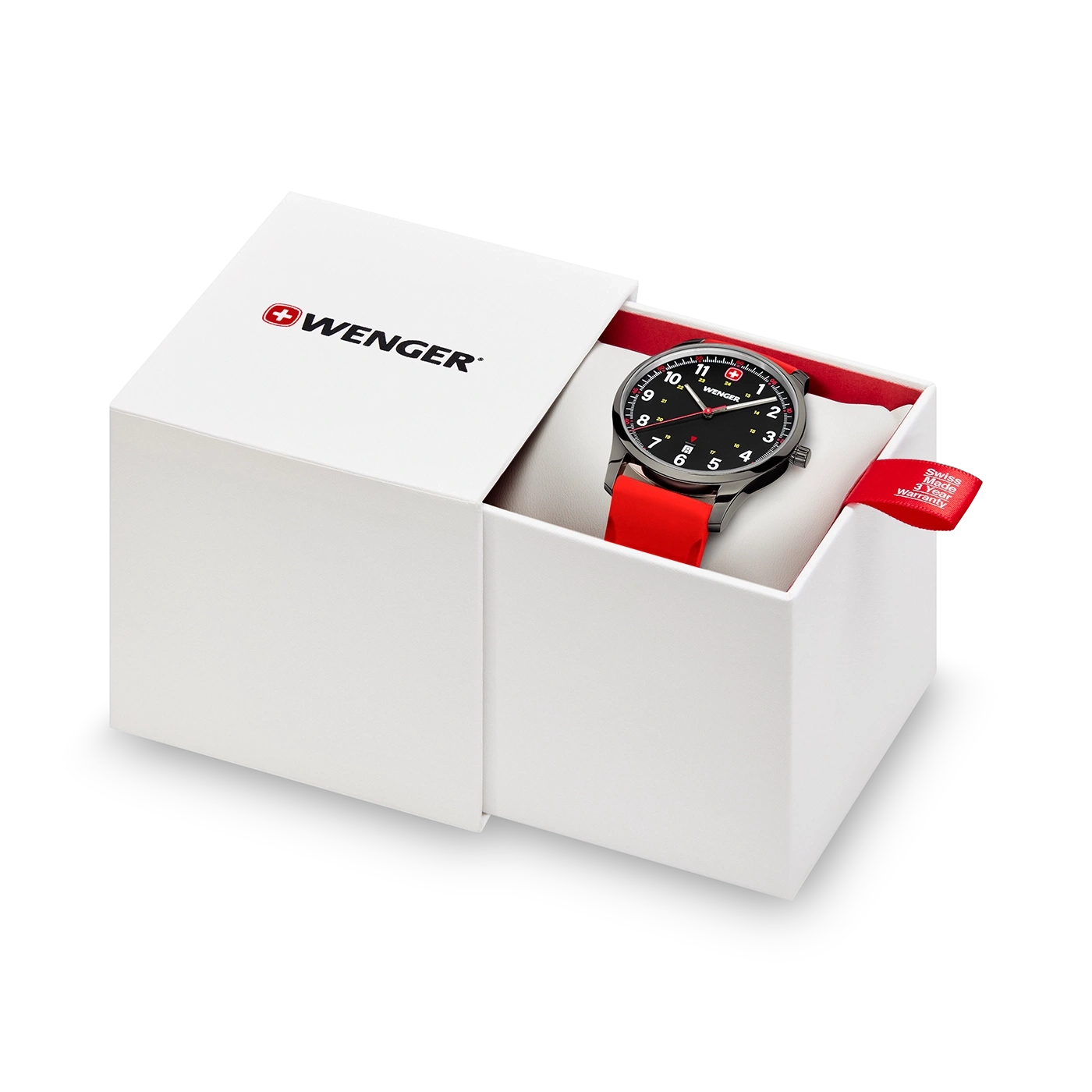 Wenger watch in a white box with a red strap and warranty tag