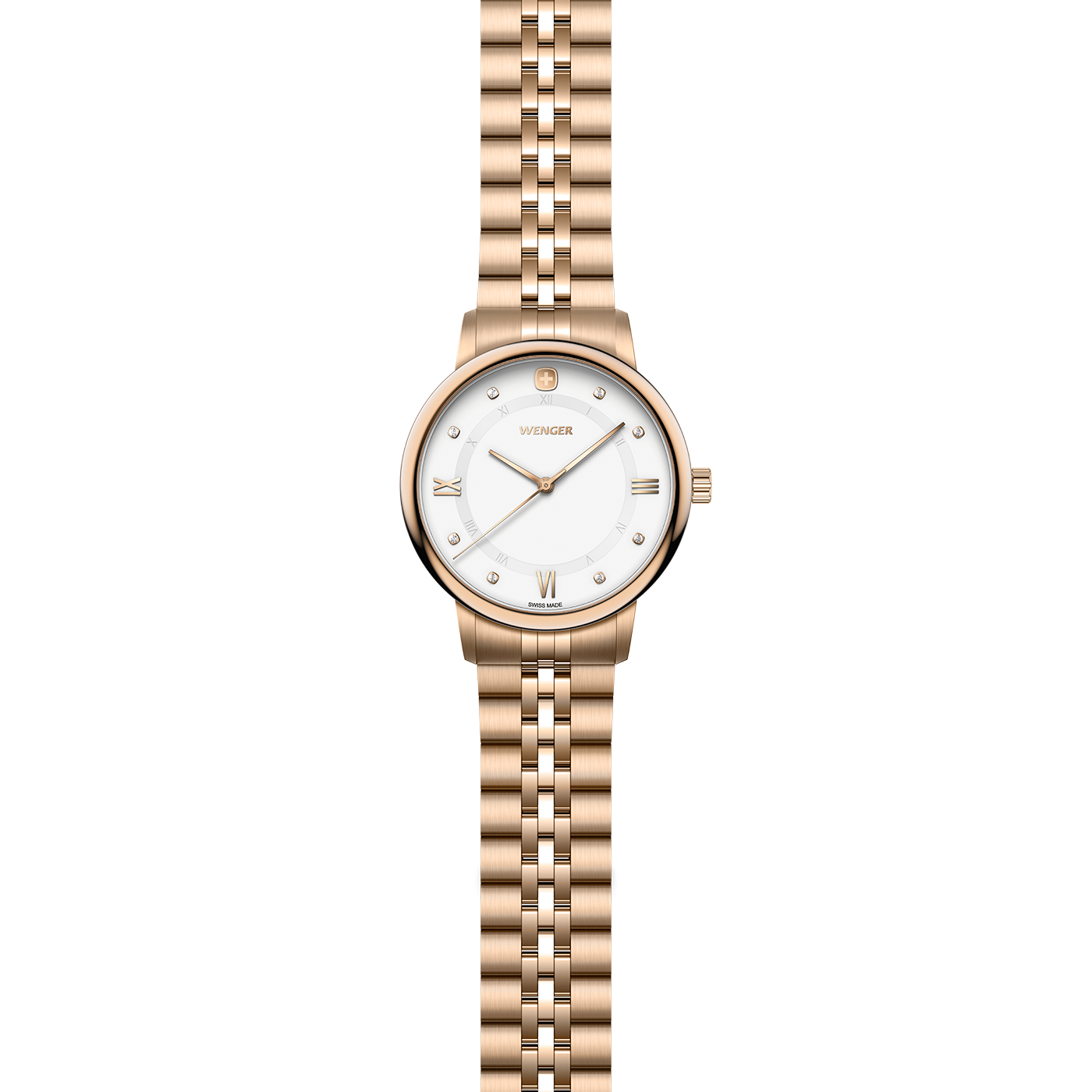 A rose gold Wenger women's watch with a white dial and Roman numerals.
