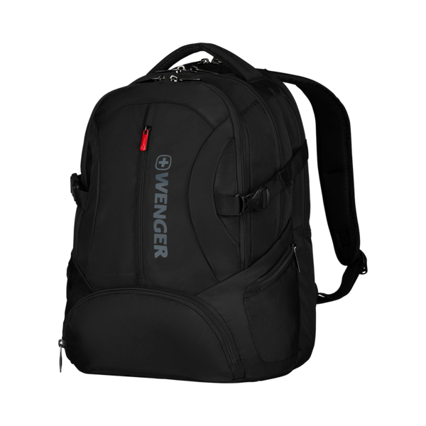 Black Wenger backpack with red zipper and the brand's logo on the side.
