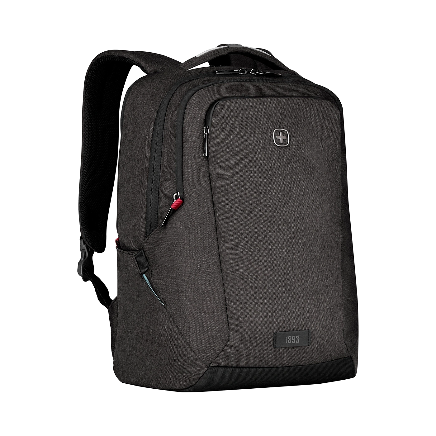 Black backpack with zippers and logo on a black background, modern design.