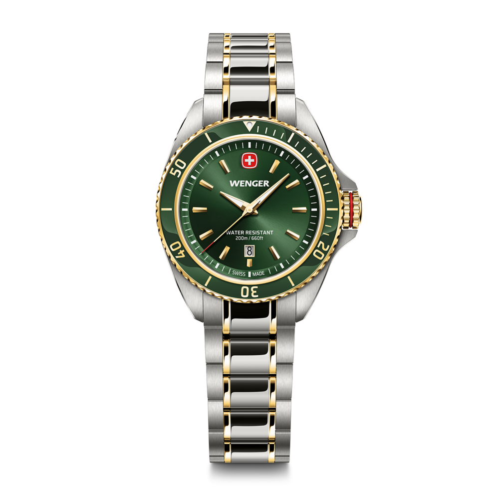 Wenger watch with green dial, gold accents, and water resistance.