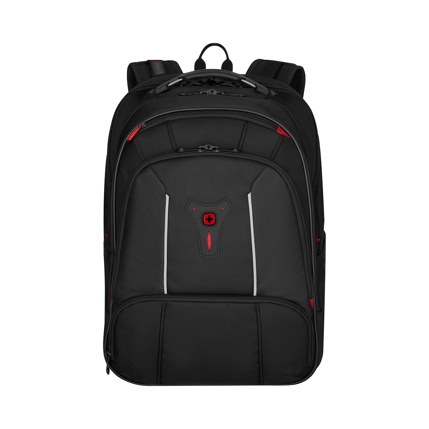 Black backpack with red accents and white stripe, isolated on black background.