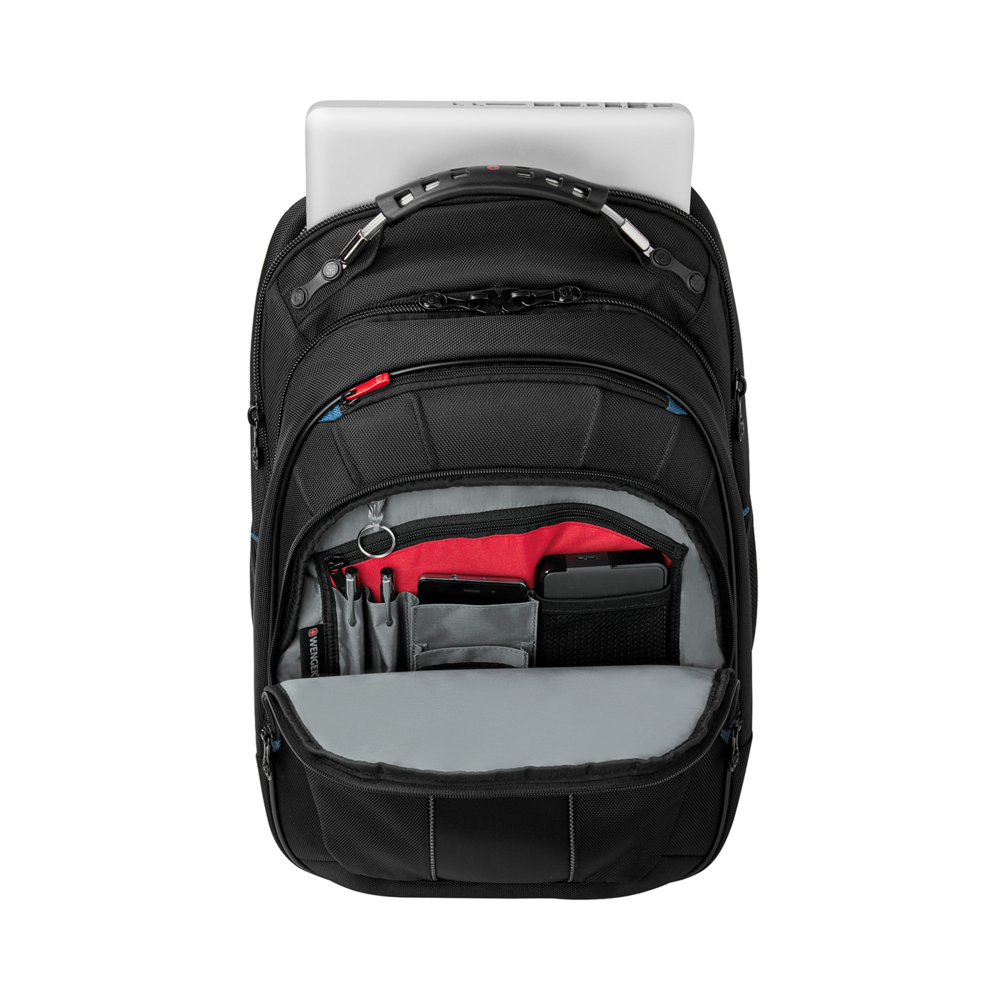 Black backpack open with laptop and many compartments, seen from above.