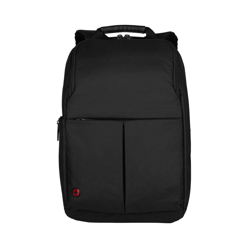 Black backpack with red logo on a black background.