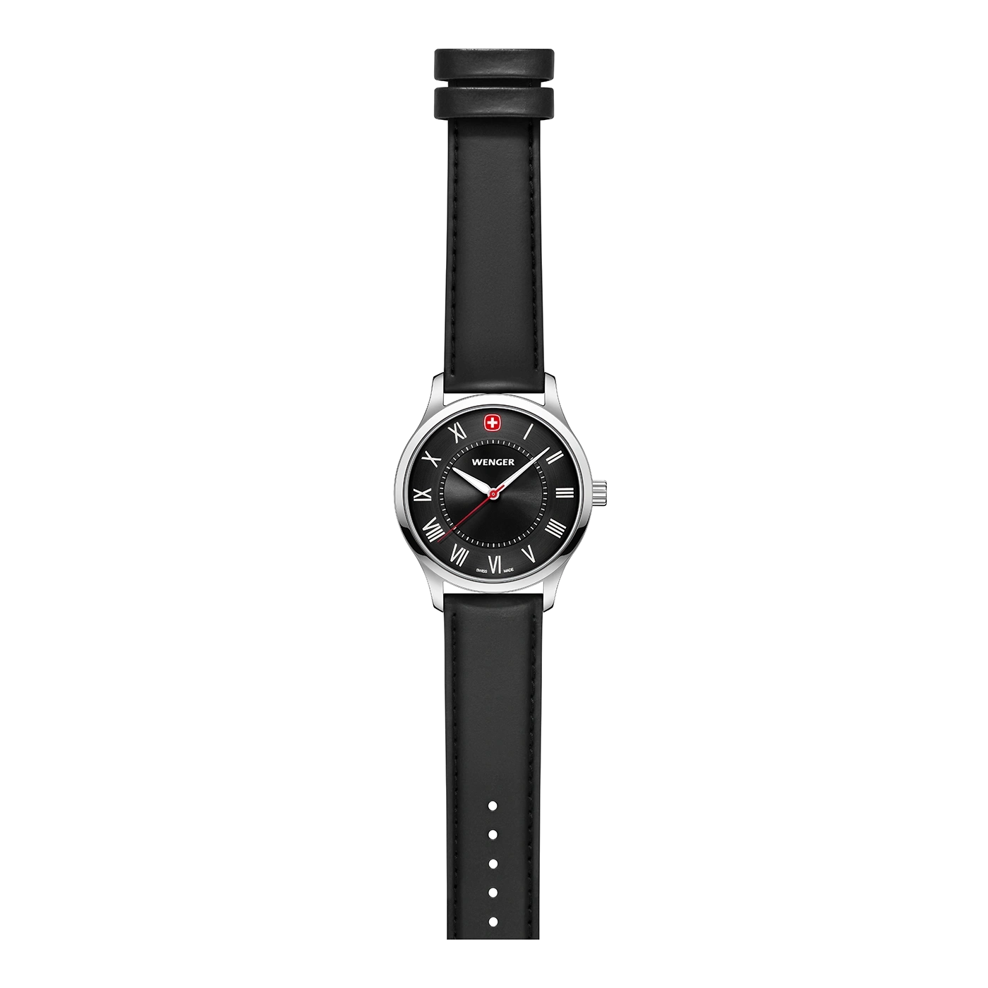 Wenger watch with black dial and leather strap, stylish and elegant.