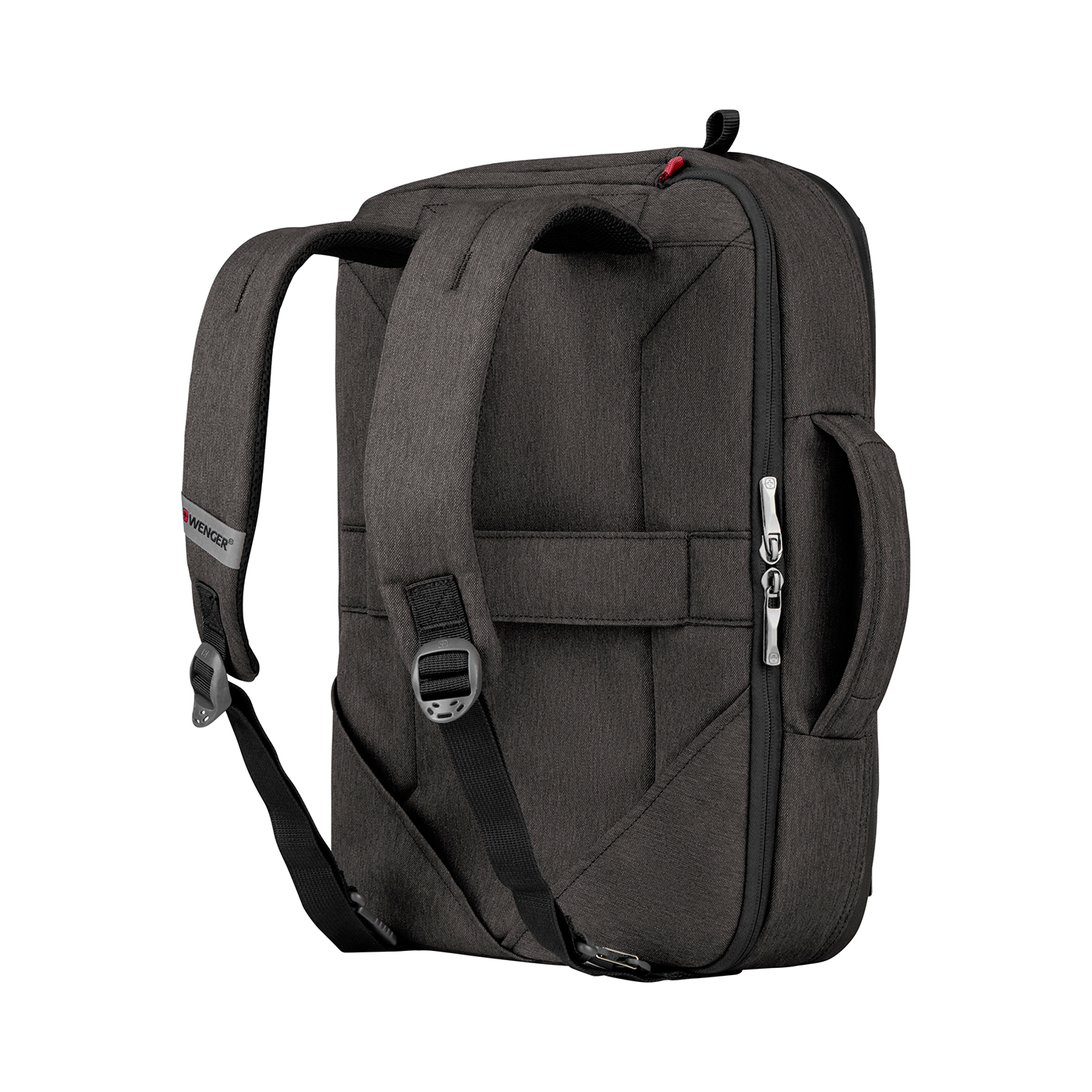 Black backpack with shoulder straps and zipper, brand Wenger, on a black background