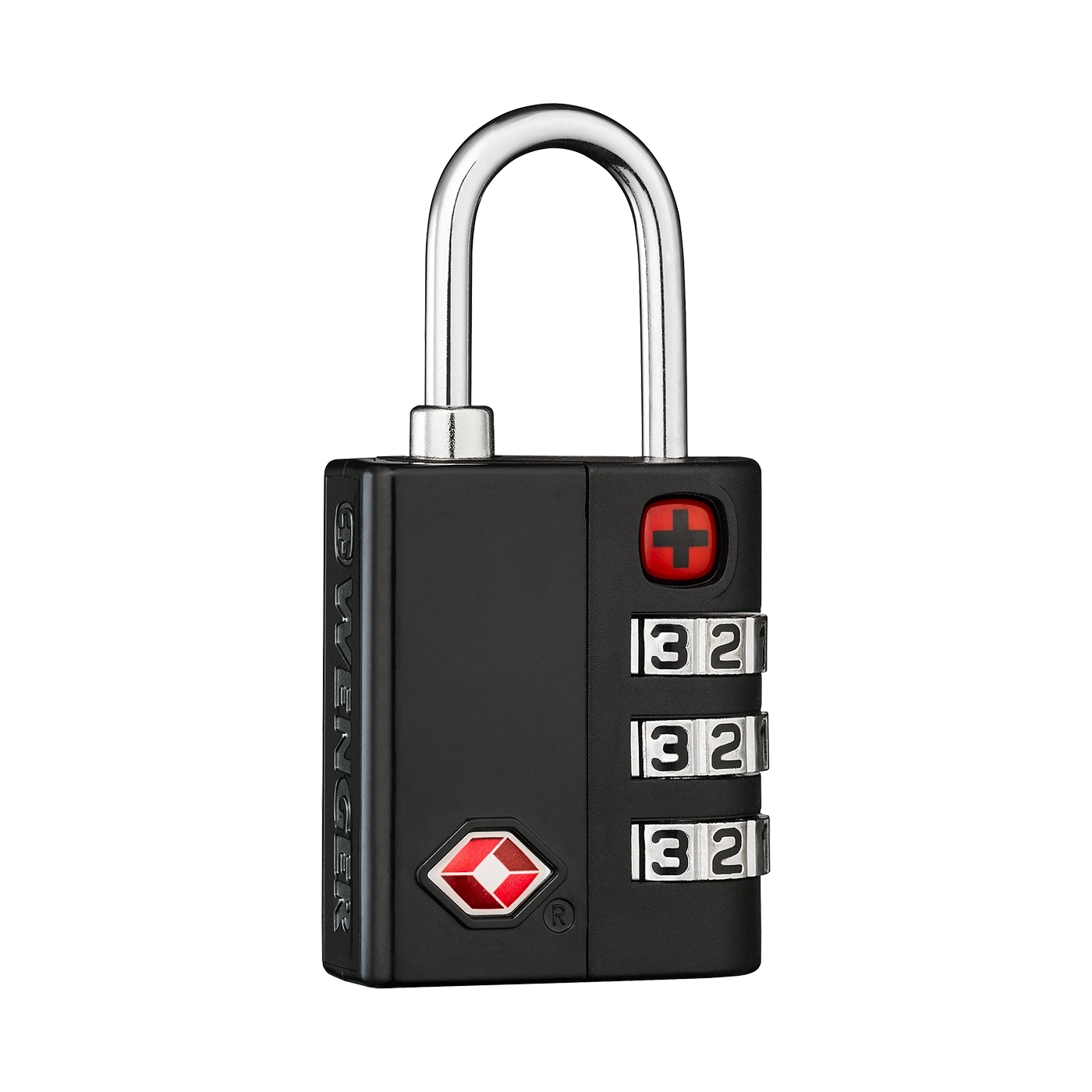 Black padlock with combination lock and red cross, TSA approved for travel.