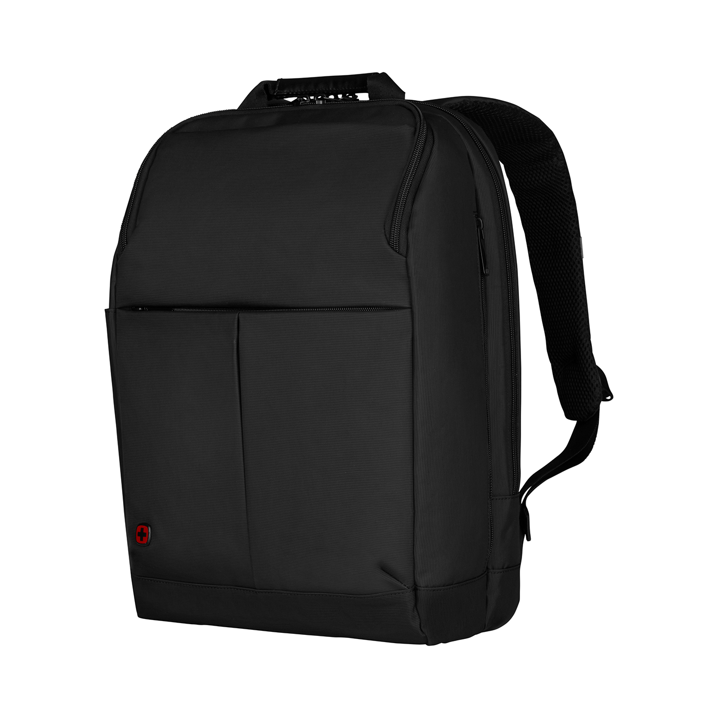 Black backpack with red logo on a black background