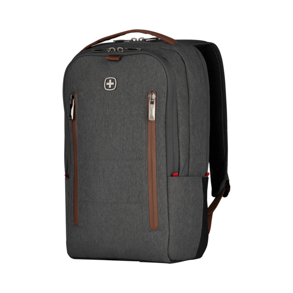 Gray backpack with brown accents and a Swiss cross logo