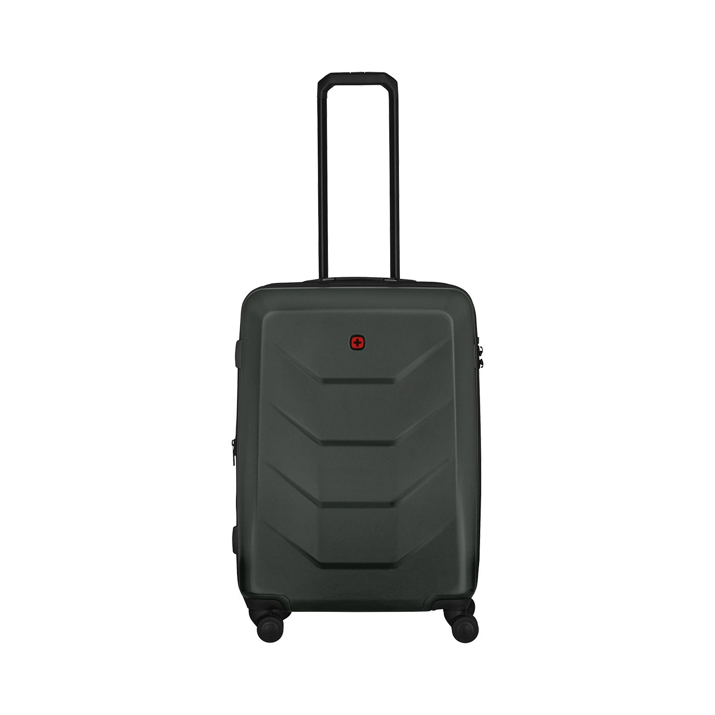 Black suitcase with retractable handle and wheels, isolated on white background