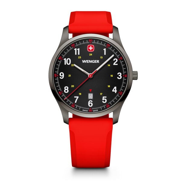 Wenger watch with red strap, black dial, and red accents, Swiss made design.