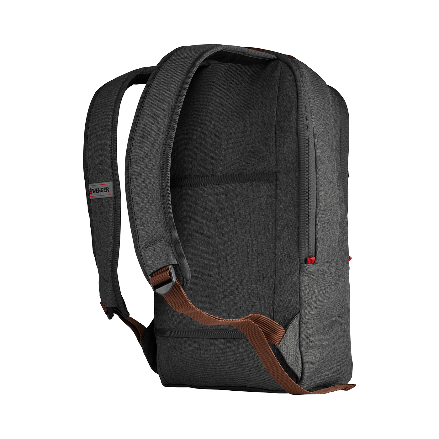 Black backpack with brown straps and the Wenger logo on the side
