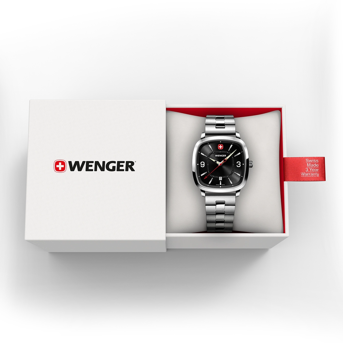 Wenger watch in a box with a red tag and warranty information.