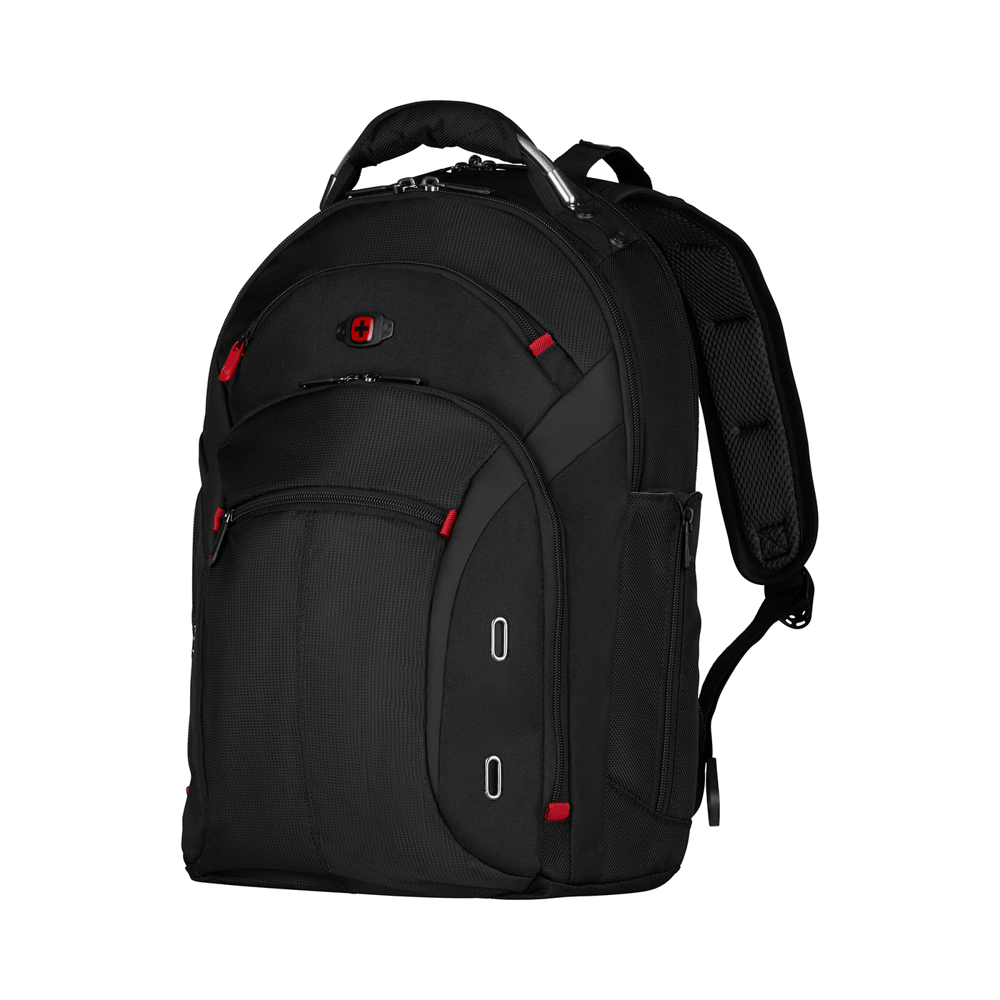 Black backpack with red accents and Swiss cross logo on a black background