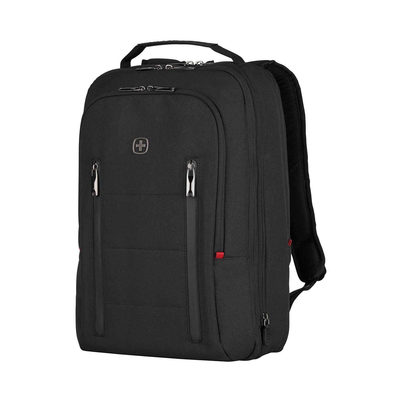 Black backpack with zippers and logo on a black background, modern design.