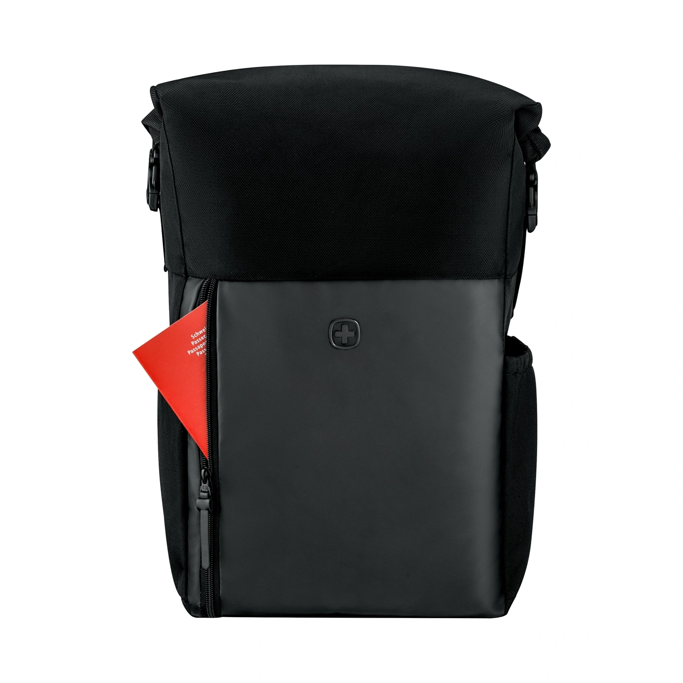 Black backpack with a red passport sticking out of a pocket.