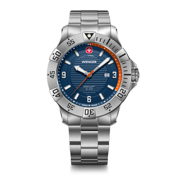 Wenger watch with blue dial and silver bracelet, Swiss Made, 20 ATM water resistance.