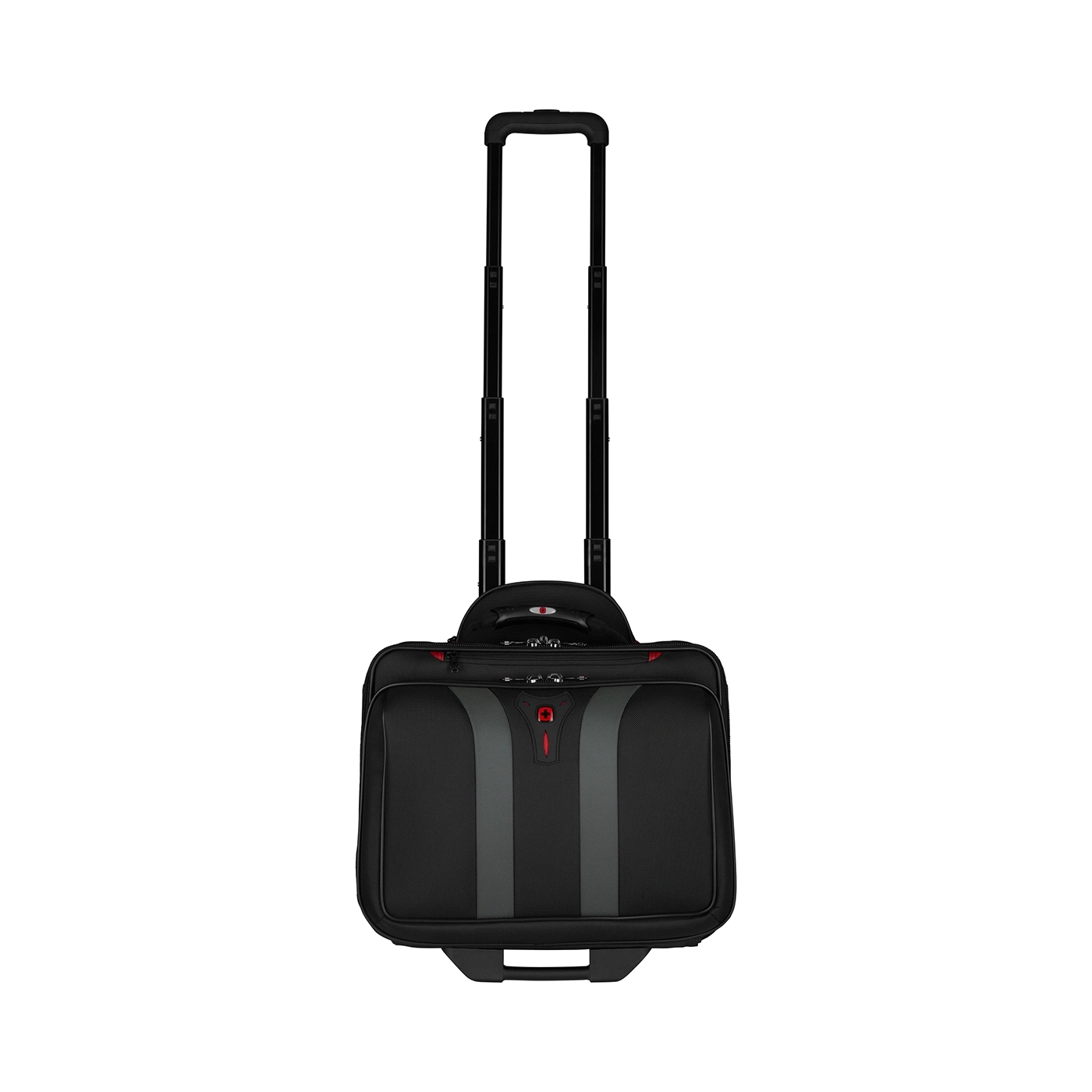 Black rolling laptop bag with retractable handle on a black background, ready to travel.