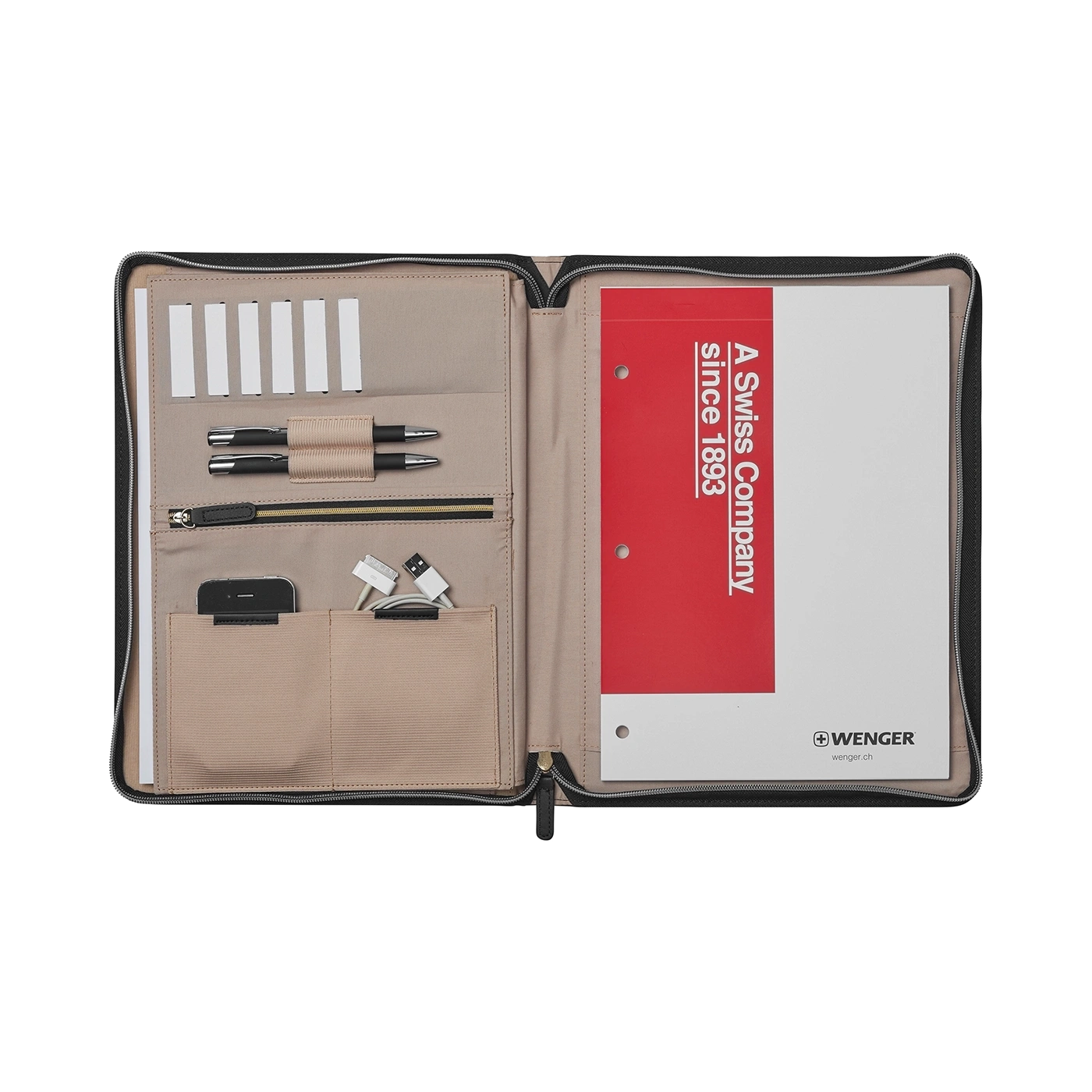 Black briefcase with pens, paper, and a smartphone. Wenger logo visible.
