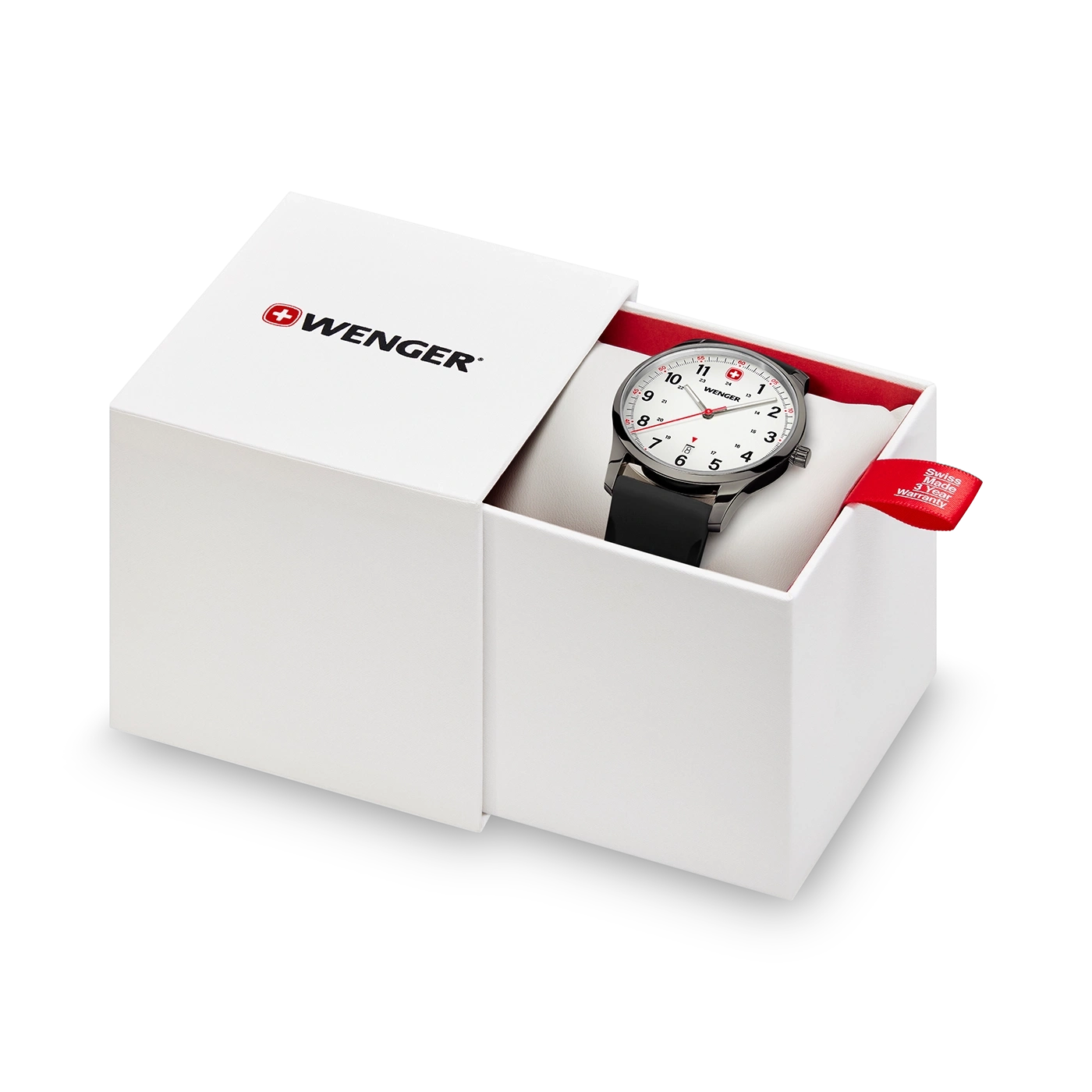 Watch in a box. White face, black strap, Wenger logo, Swiss made warranty.