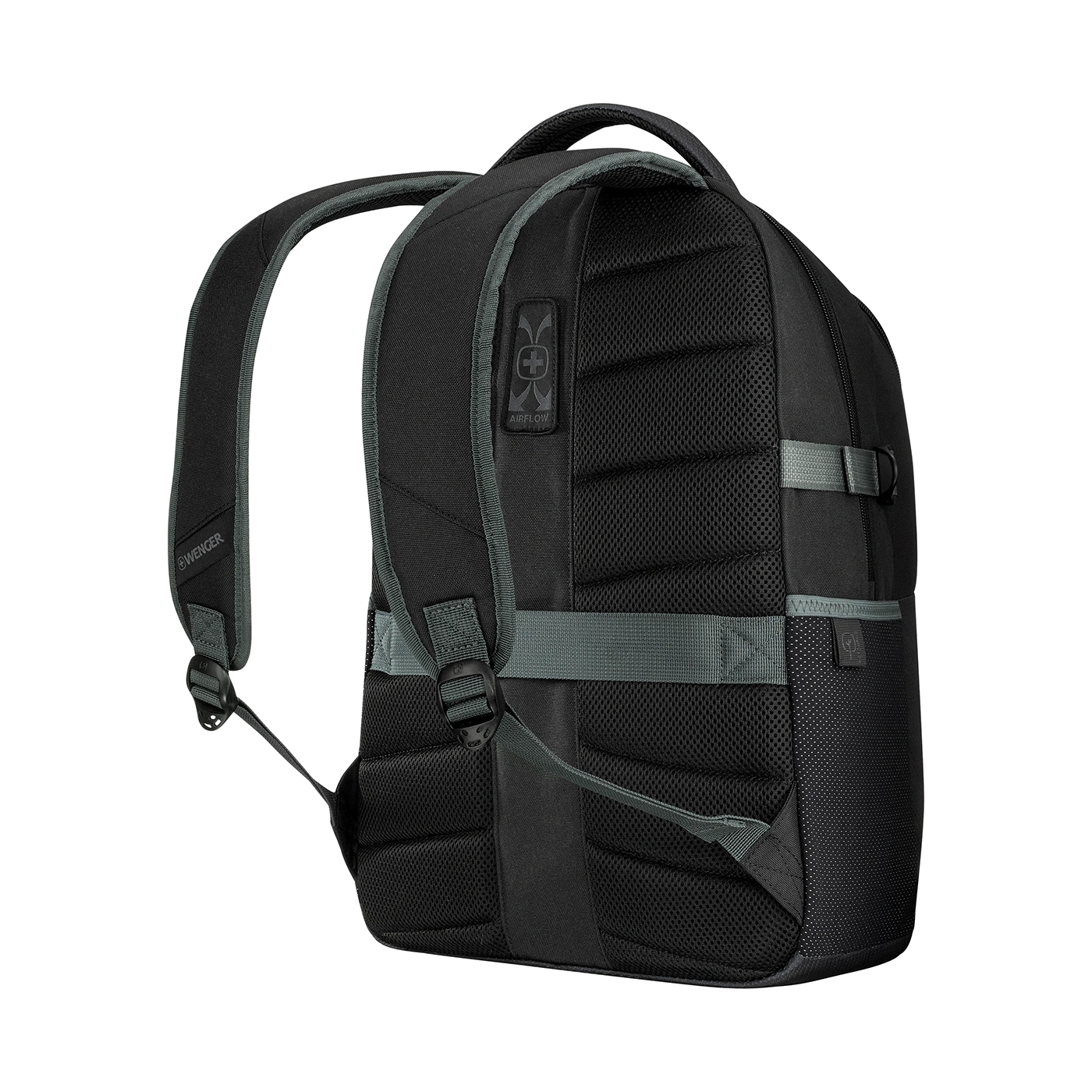 Black backpack with grey accents, by Wenger brand, on a black background.