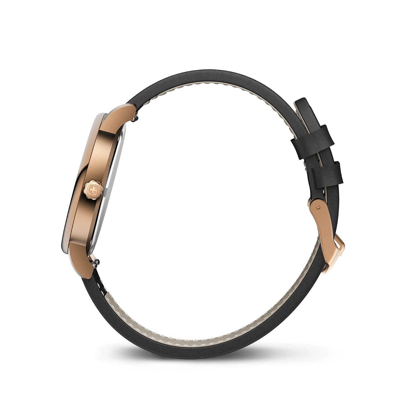 Montre en cuir noir avec boîtier or rose