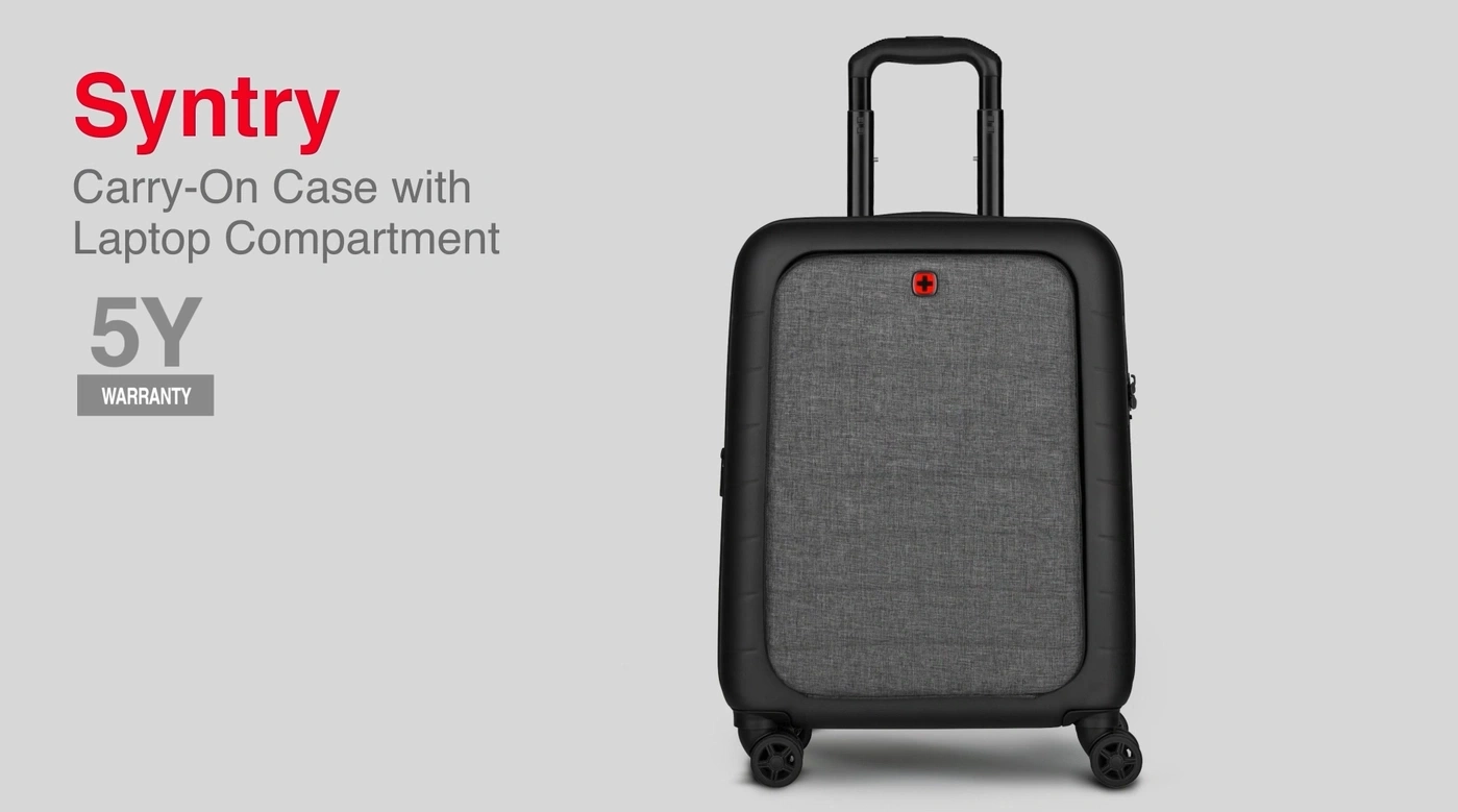 Syntry Carry-On Case with Laptop Compartment, 5Y Warranty, grey suitcase