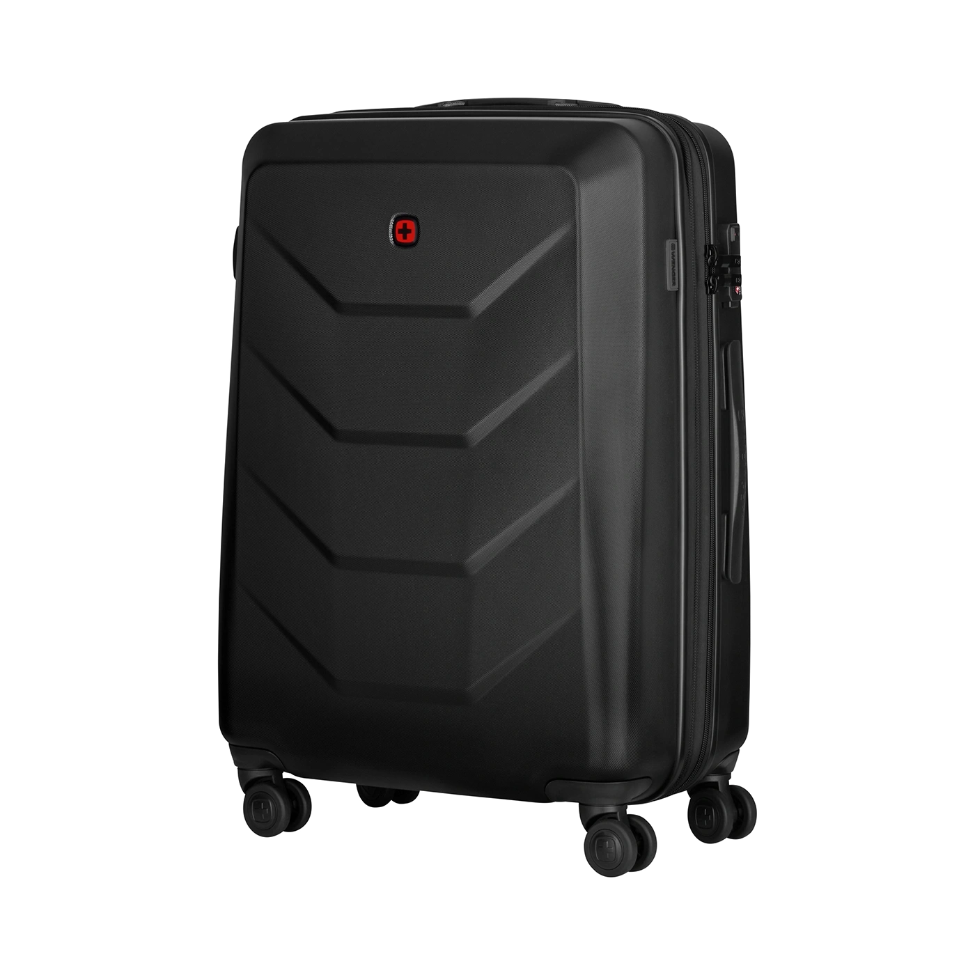 Black suitcase with red logo, hard shell luggage, travel bag, wheels