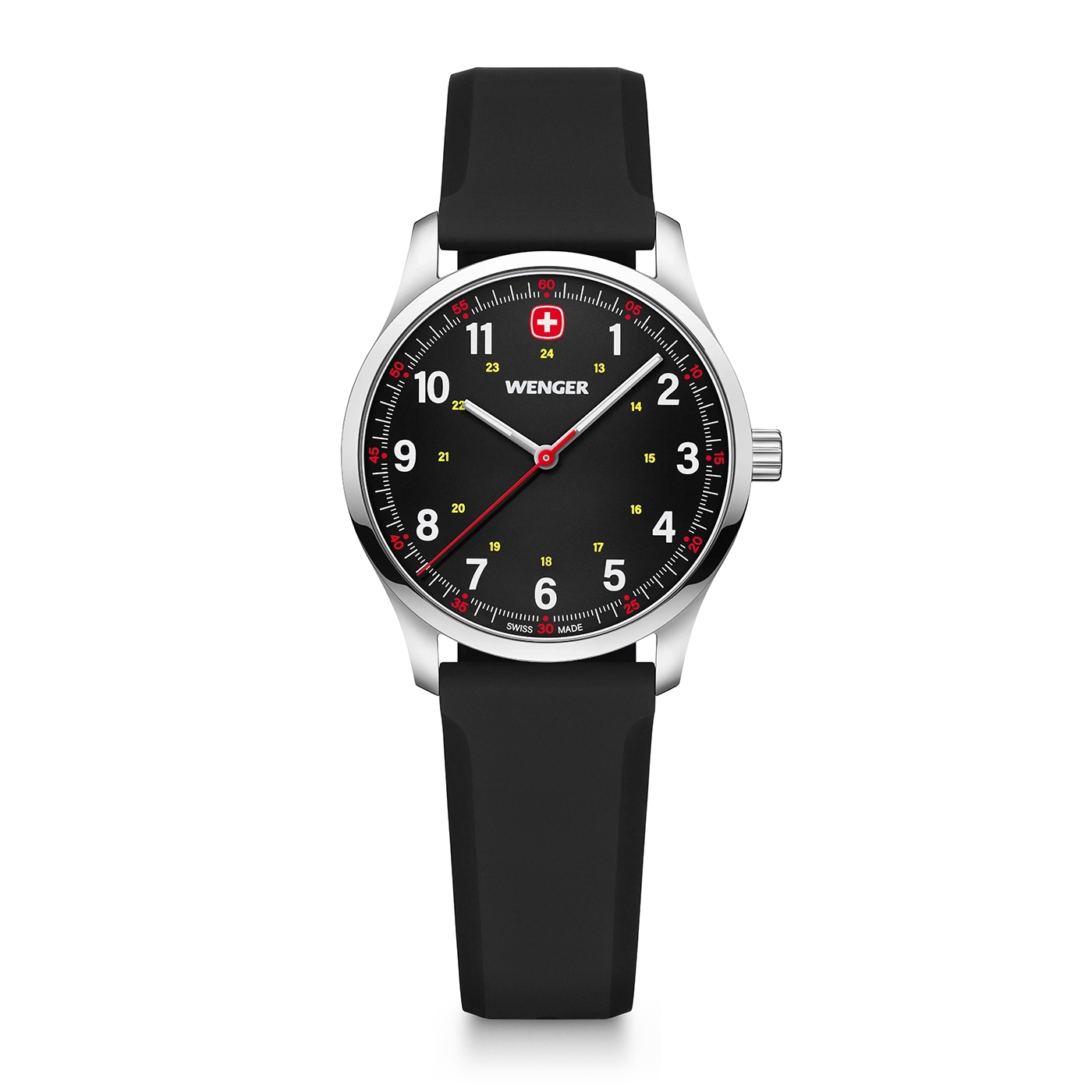 Wenger watch with black face and strap, red accents, Swiss made, stylish design, time.
