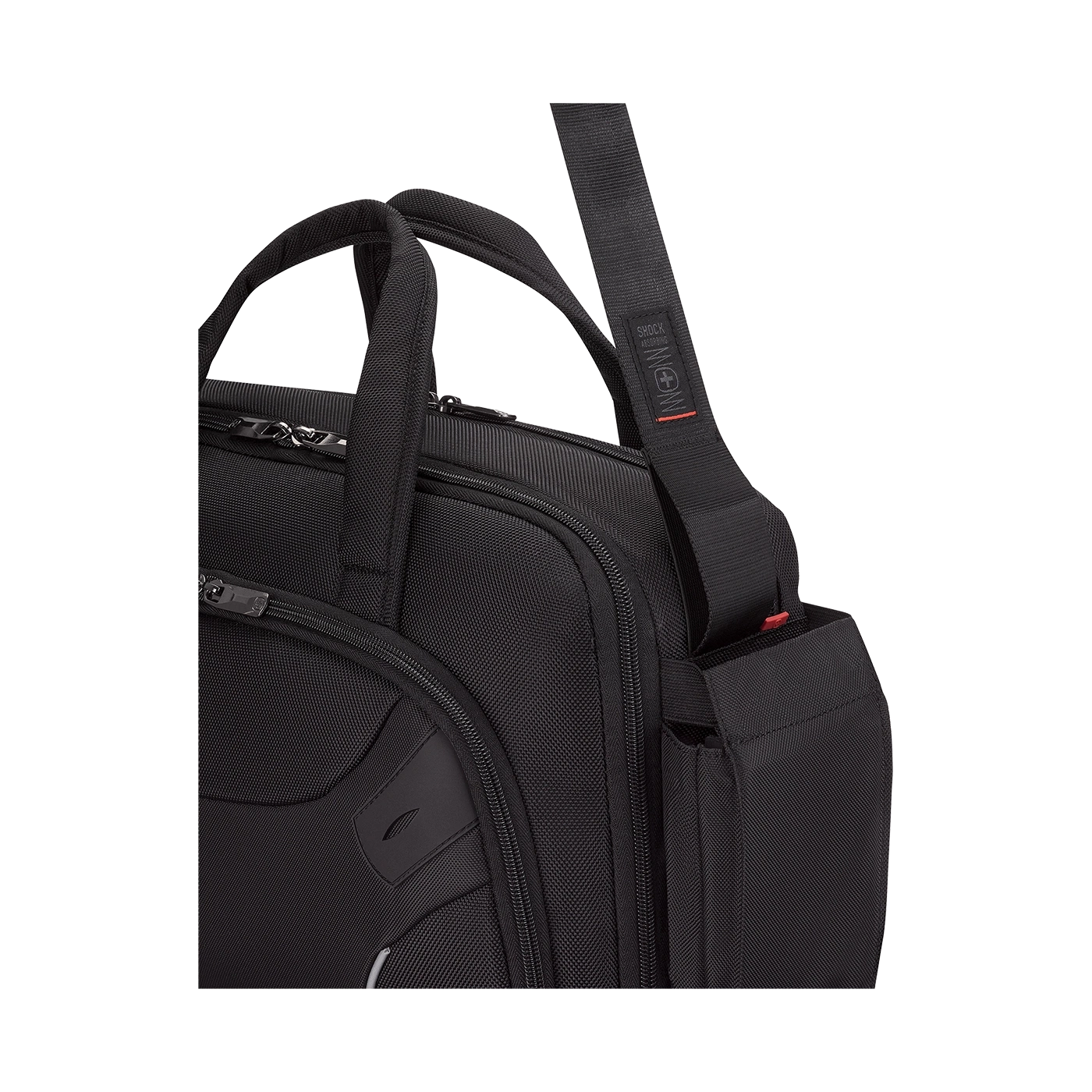 Black briefcase with shoulder strap and handles, close-up, detail view