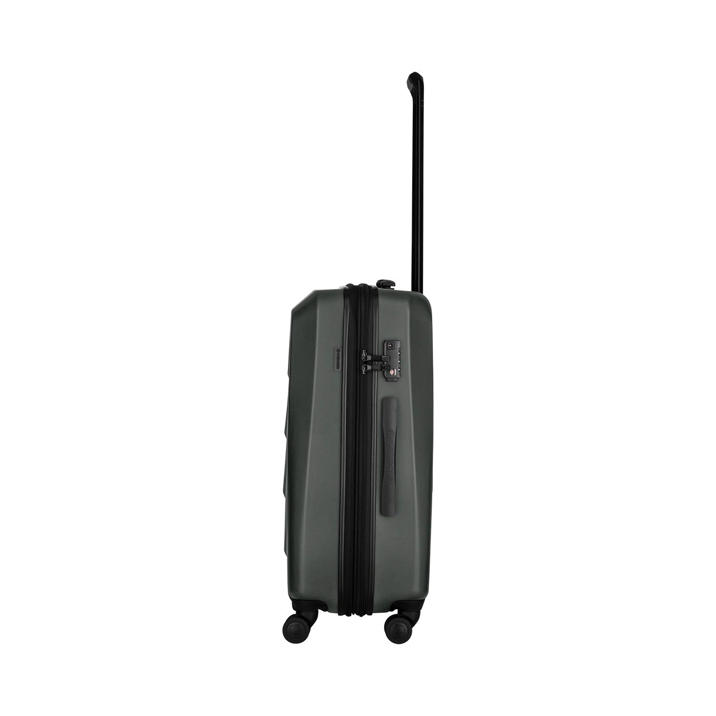 Dark green suitcase with retractable handle and wheels, isolated on a white background.