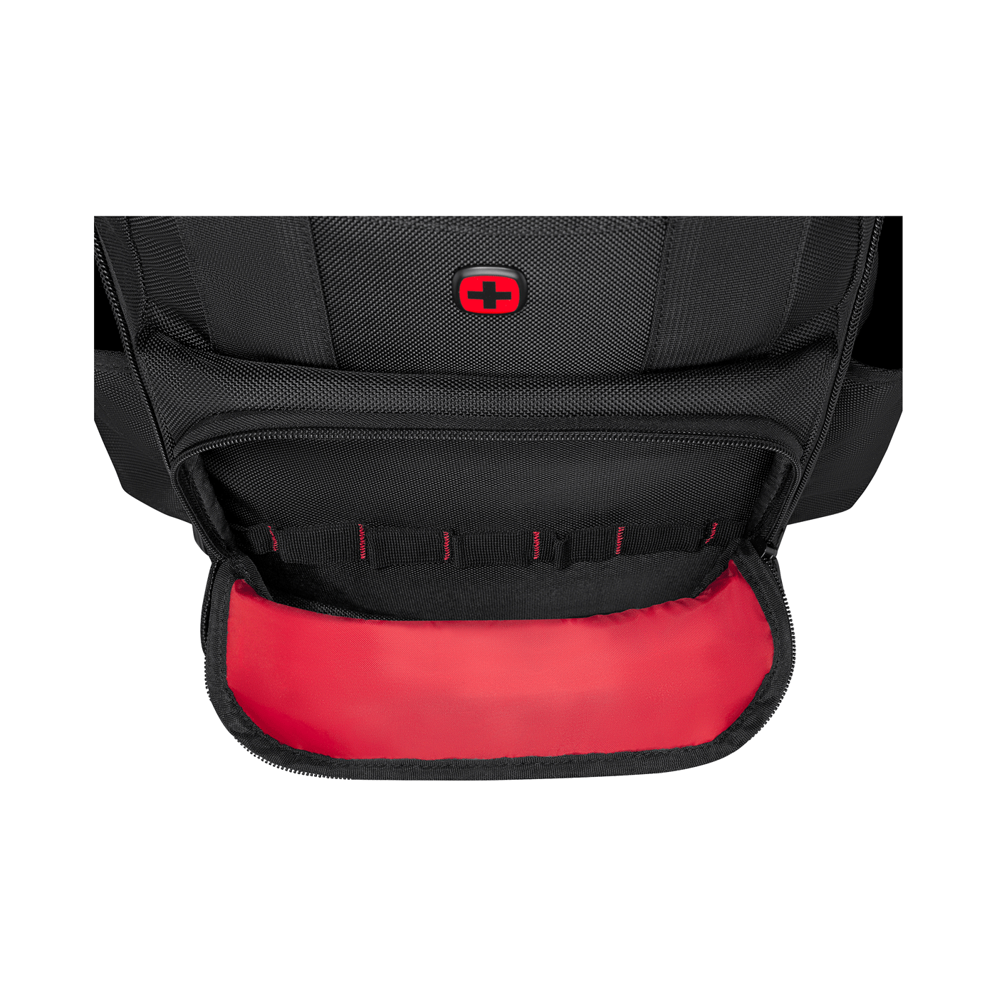 A black backpack with a red cross logo and an open compartment
