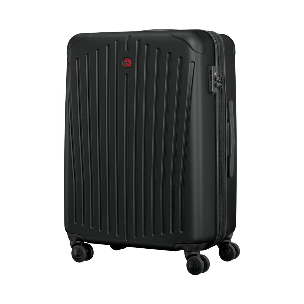 Black suitcase with wheels and lock, Wenger brand, isolated on white background