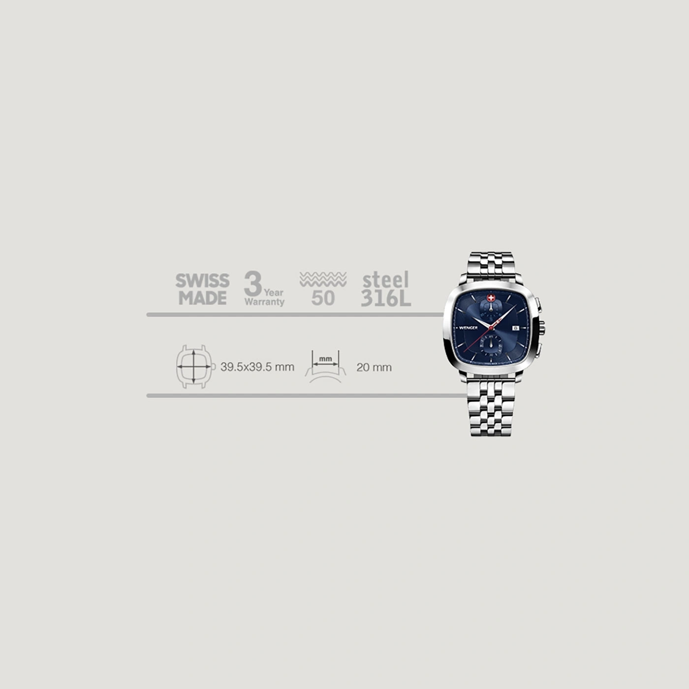 Swiss watch with steel case, 3 year warranty, 50 mm water resistant, 39.5x39.5 mm