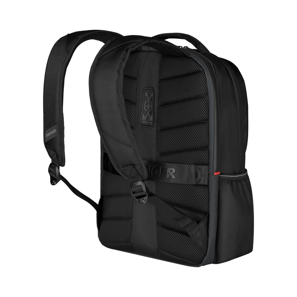 Black backpack with Airflow system, Wenger logo, mesh details, side pocket, shoulder straps