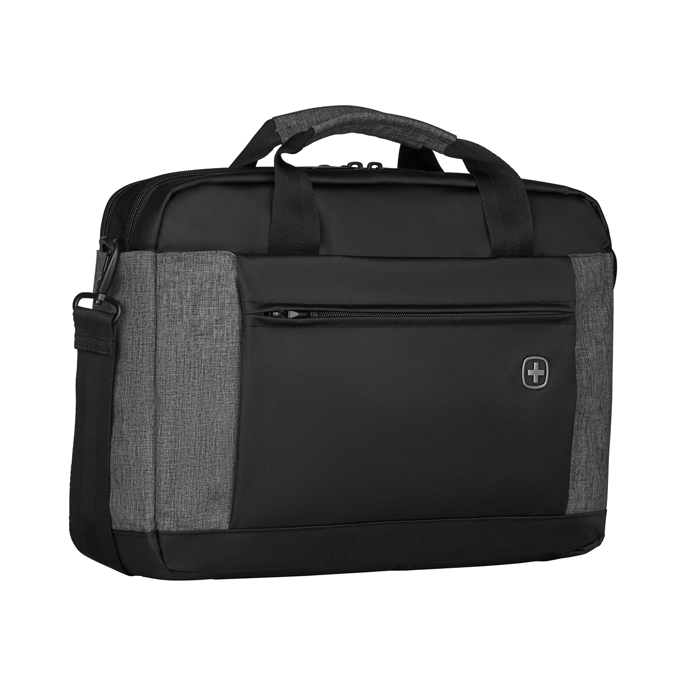 Black briefcase with gray fabric and zipper, Swiss cross logo on the front