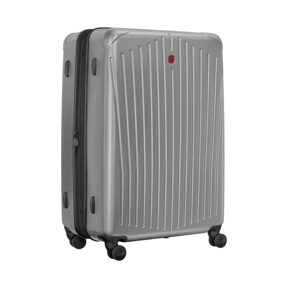 Gray suitcase with vertical lines and red logo. Travel luggage.