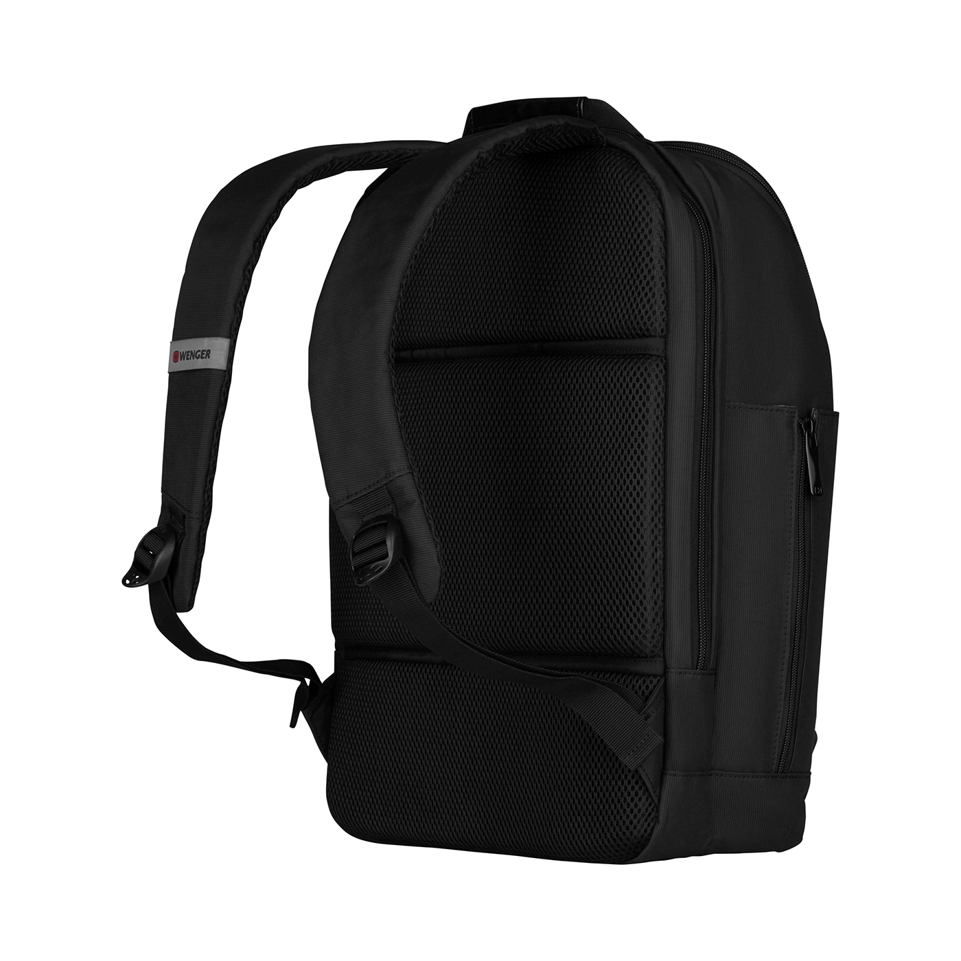 Black Wenger backpack, side view, mesh back, shoulder straps, zipper, detail shot