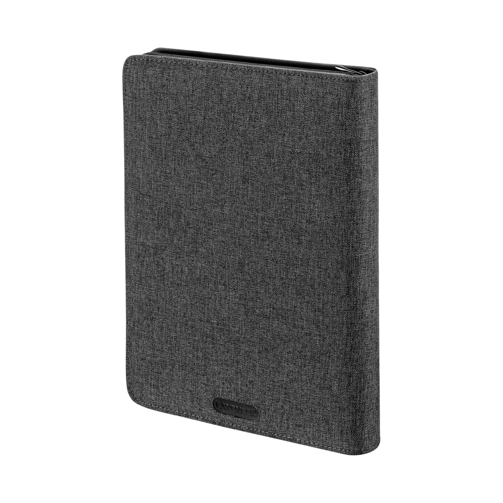 Gray fabric tablet case with Wenger logo, closed, isolated on white background.