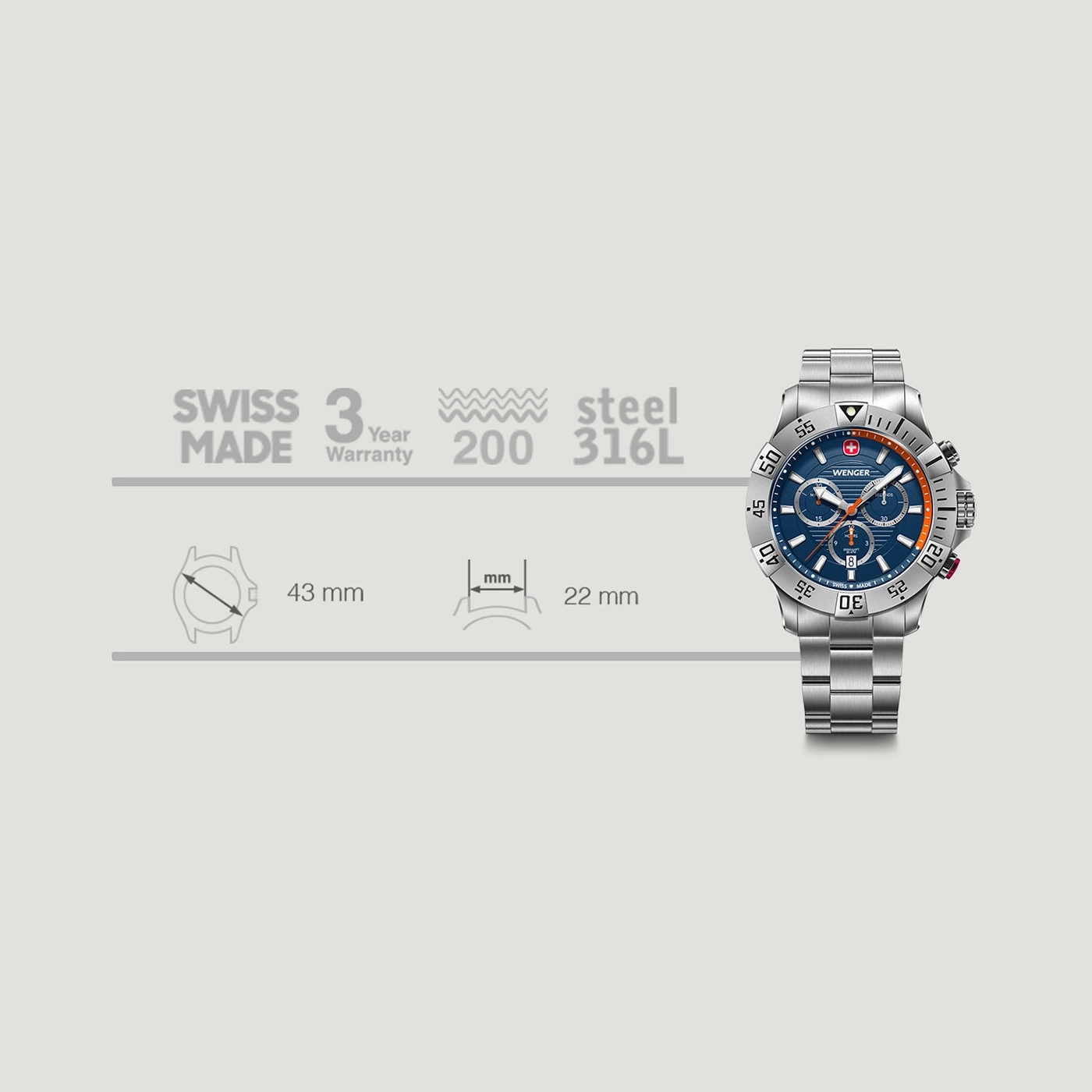Wenger watch, Swiss Made, 43mm case, 22mm band width, 200m water resistant, steel 316L.