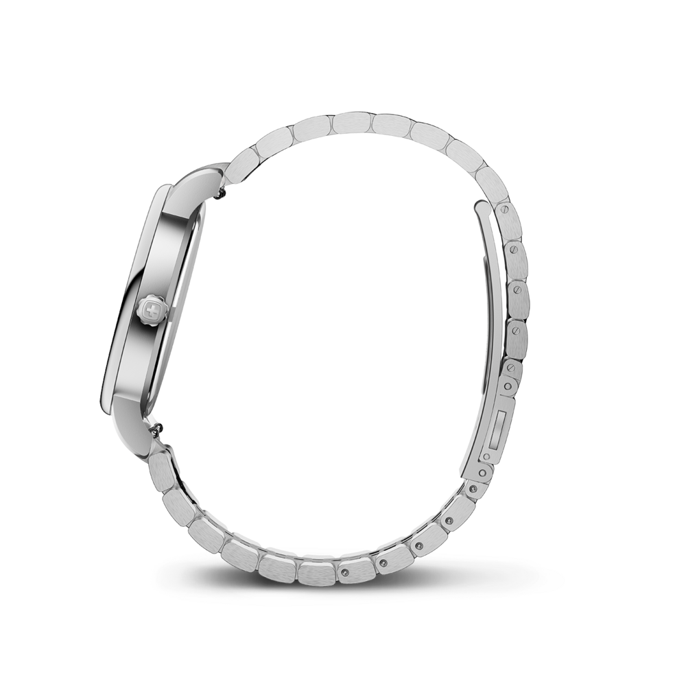 Side view of a silver wristwatch on a white background.