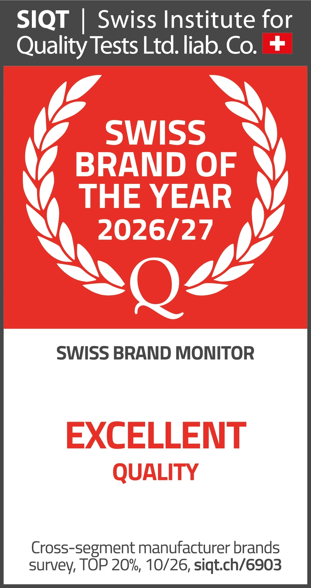 SIQT Swiss Brand Monitor award for excellent quality 2026/27.