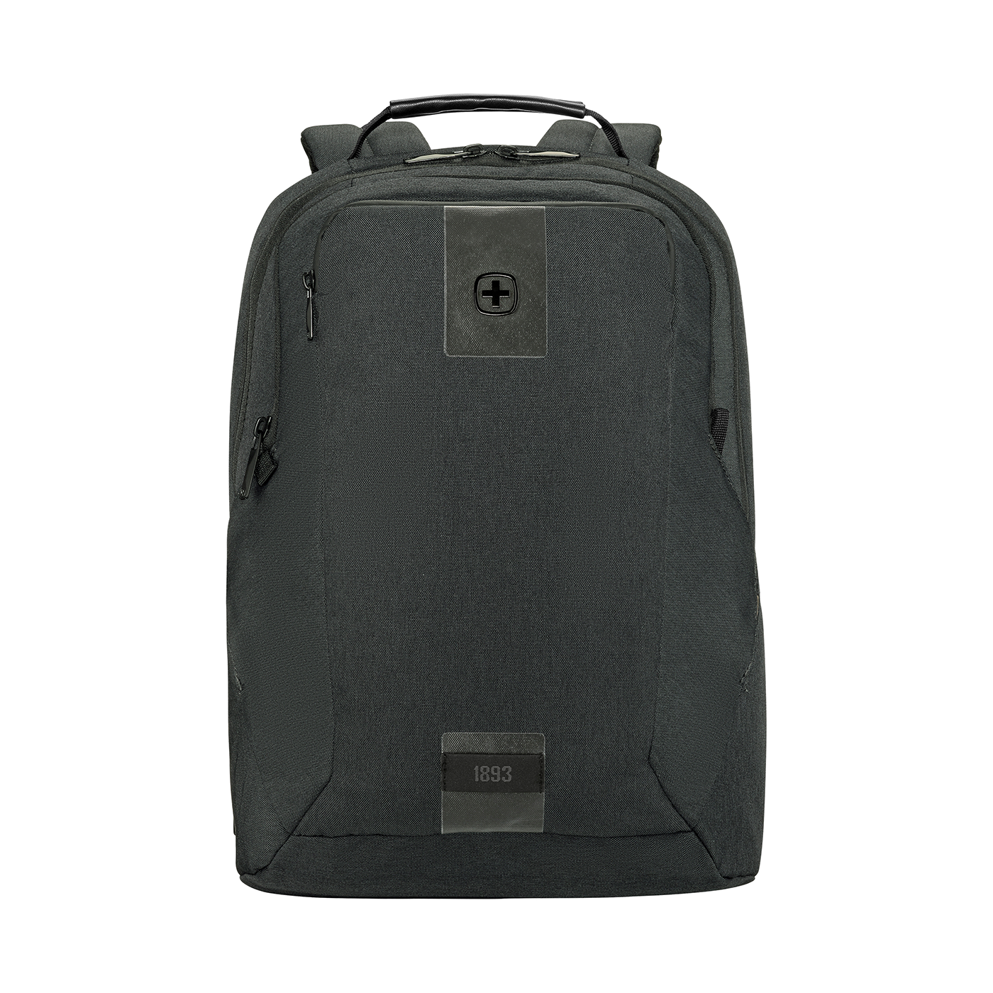 Black backpack with logo and zippers isolated on a black background, modern design.