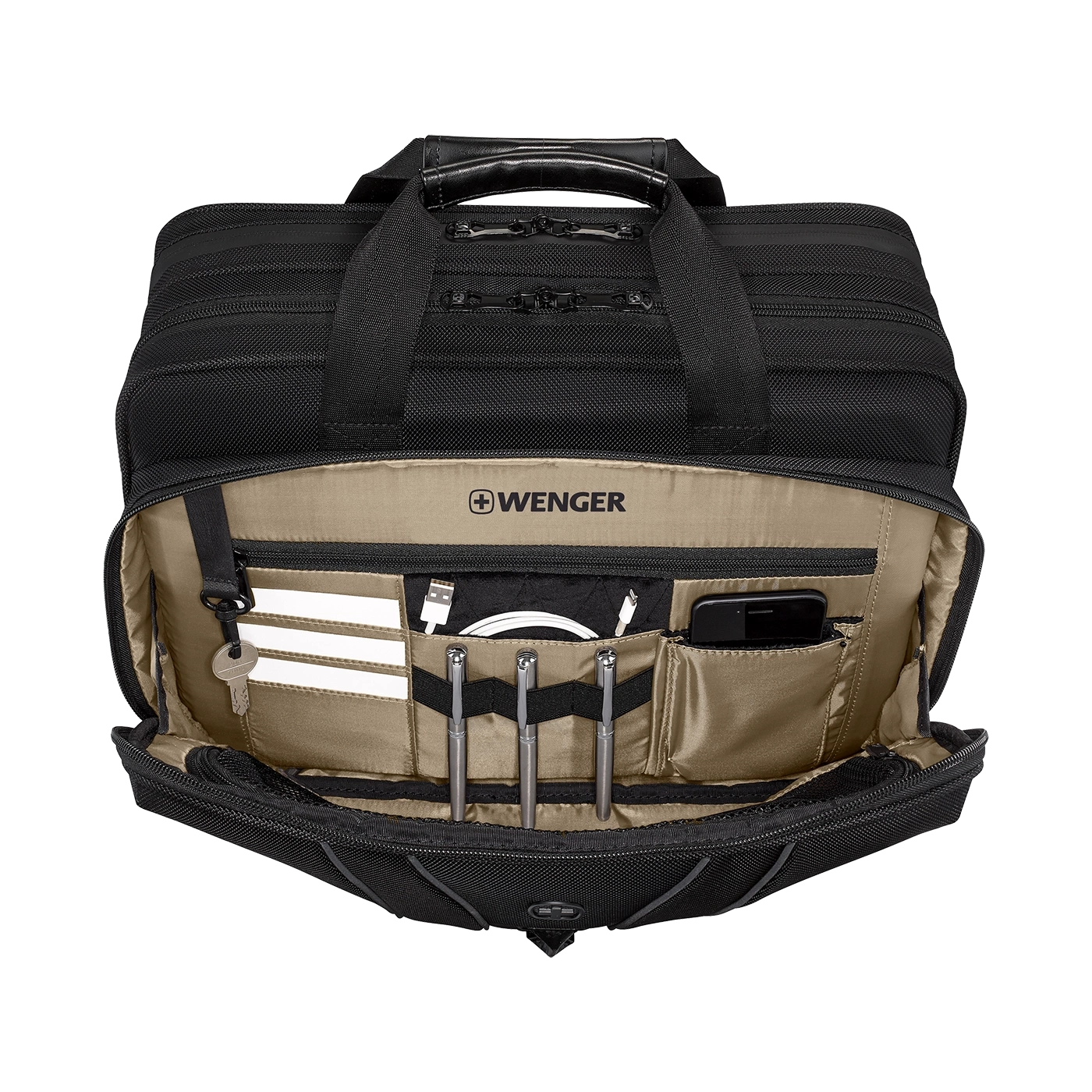 Black briefcase with open interior, pen holders, and various accessories.