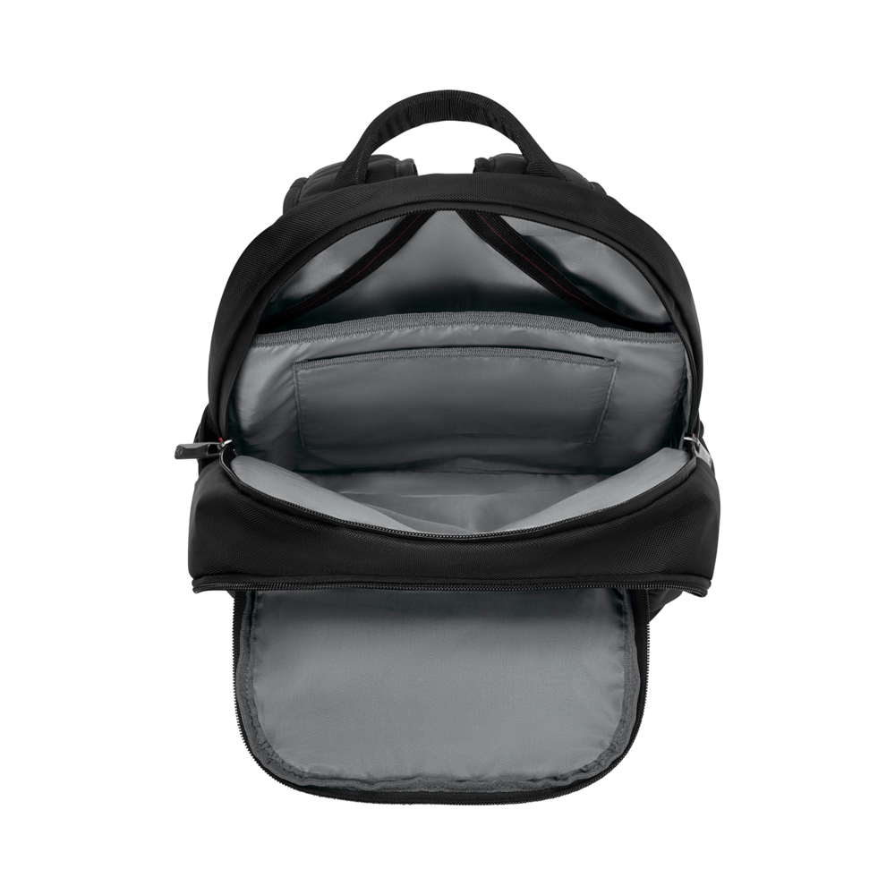 Black backpack, open, with multiple compartments and zippers, interior view