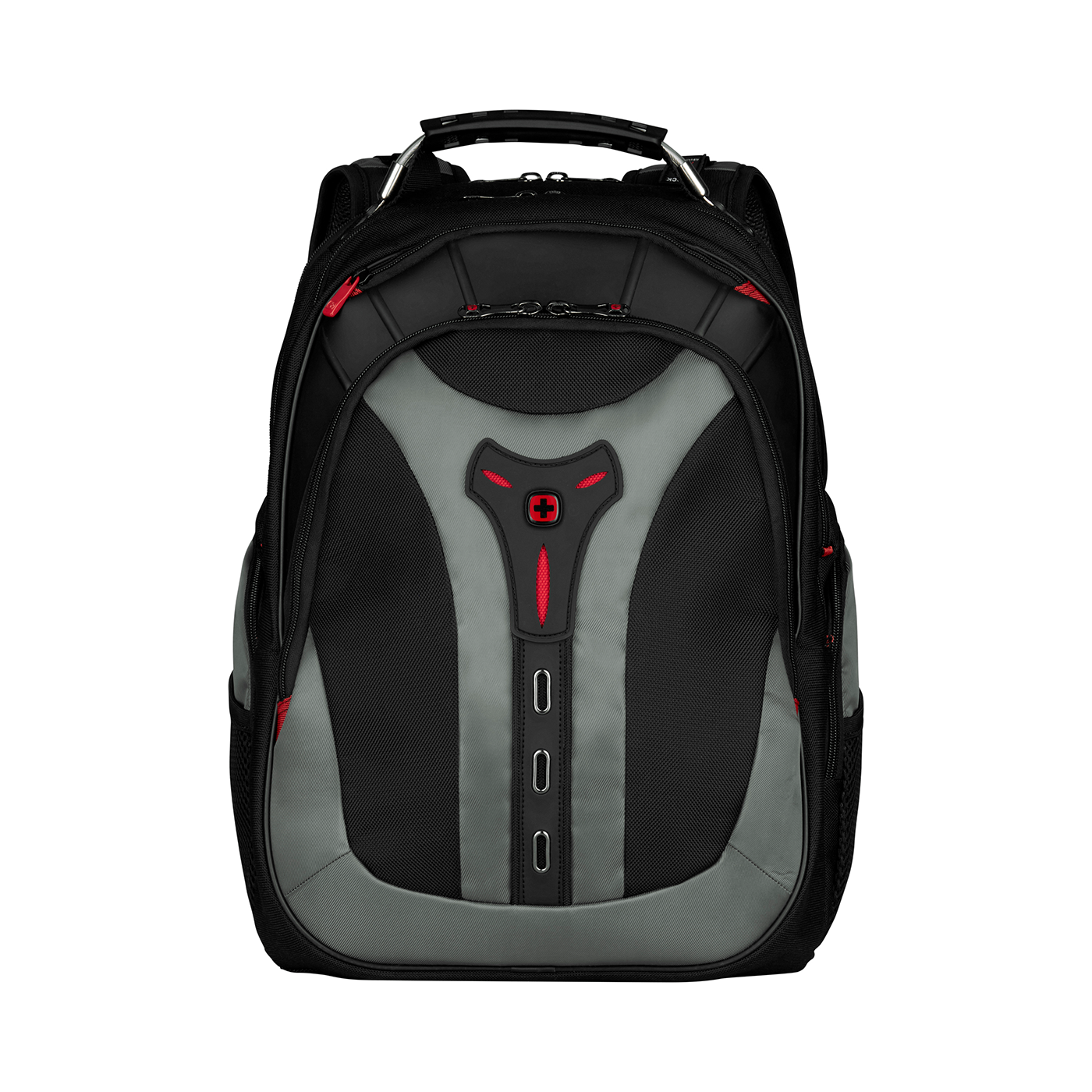 Black backpack with gray and red accents on a black background, front view.
