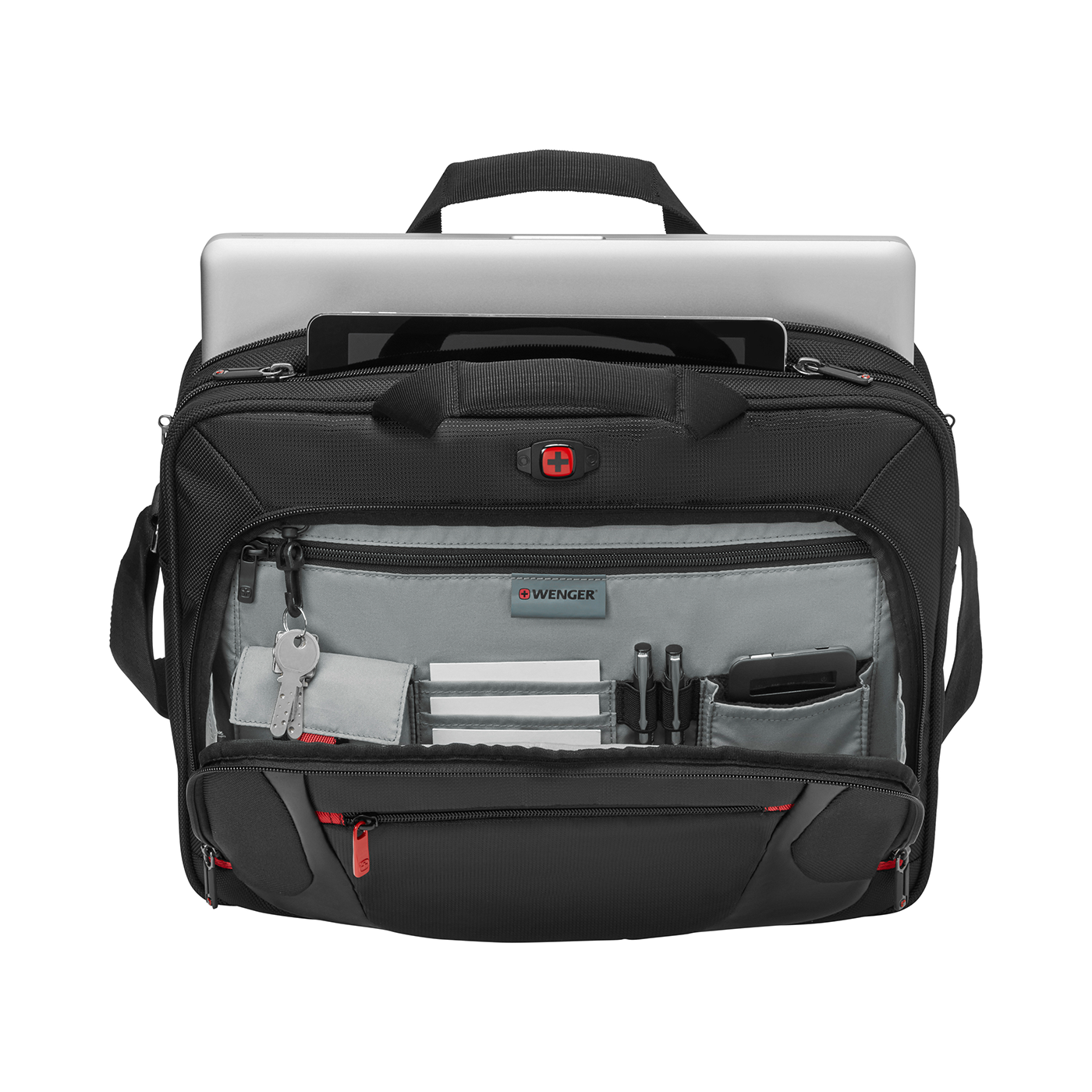 Black Wenger bag with laptop, tablet, and accessories, open, on a black background.